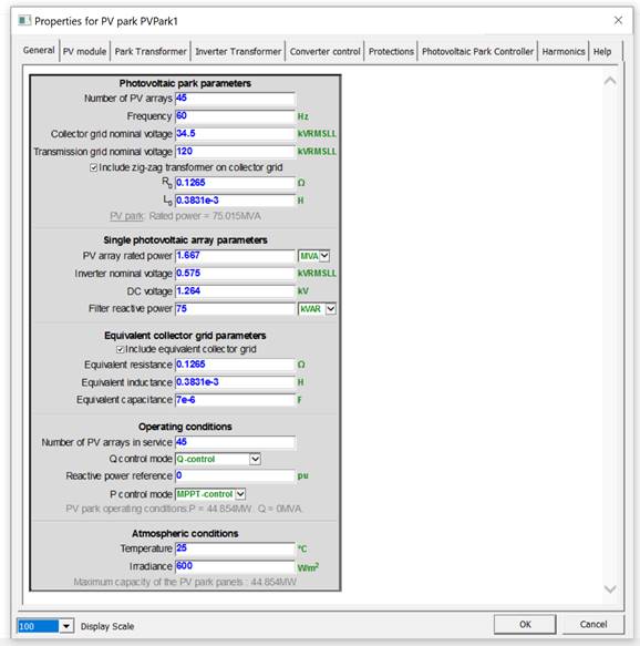 Menu of the EMTP®’s built-in Wind park model