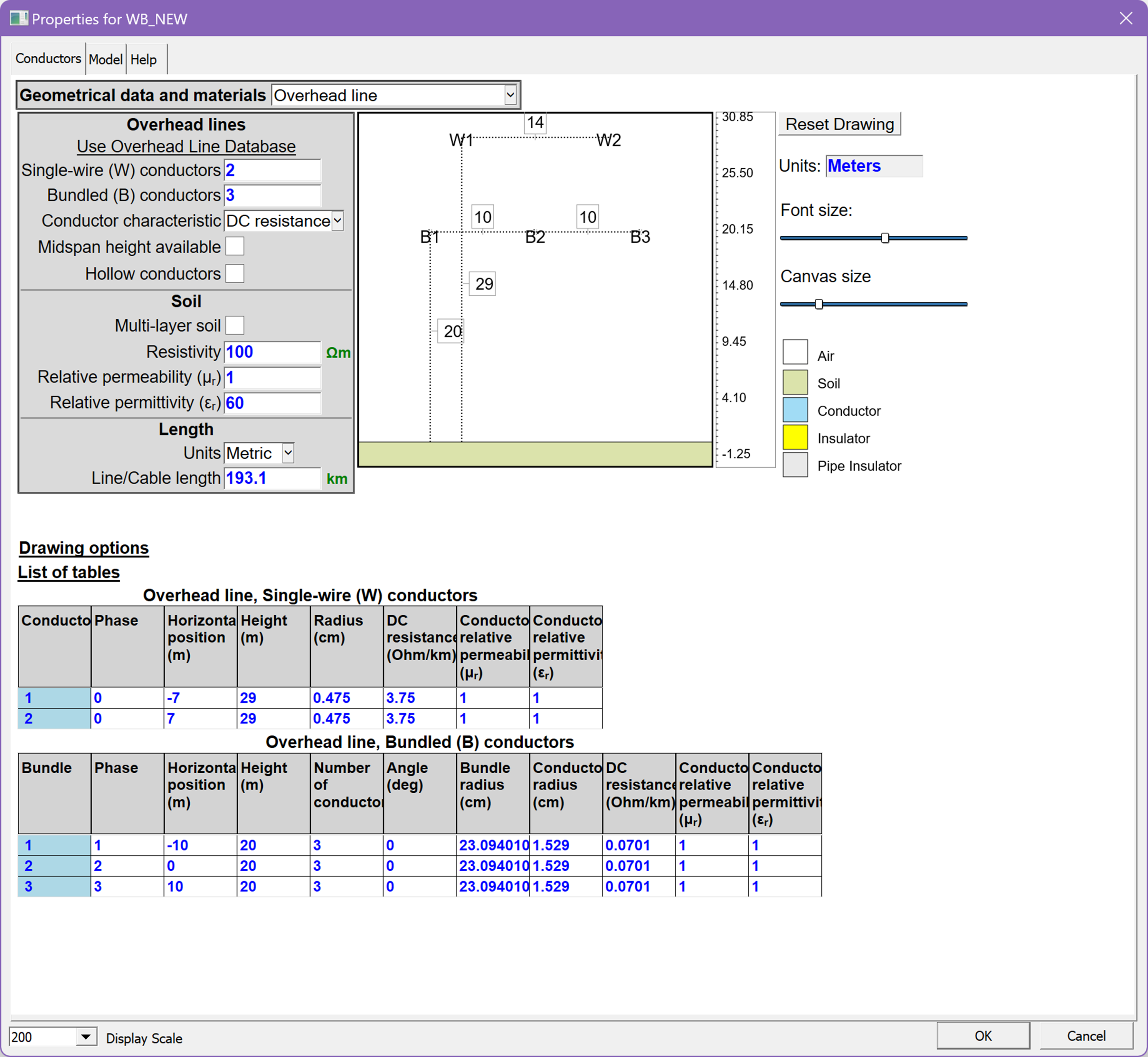 Cable Line Properties - Geometric Data and Materials popup Cable Line Properties - Geometric Data and Materials popup