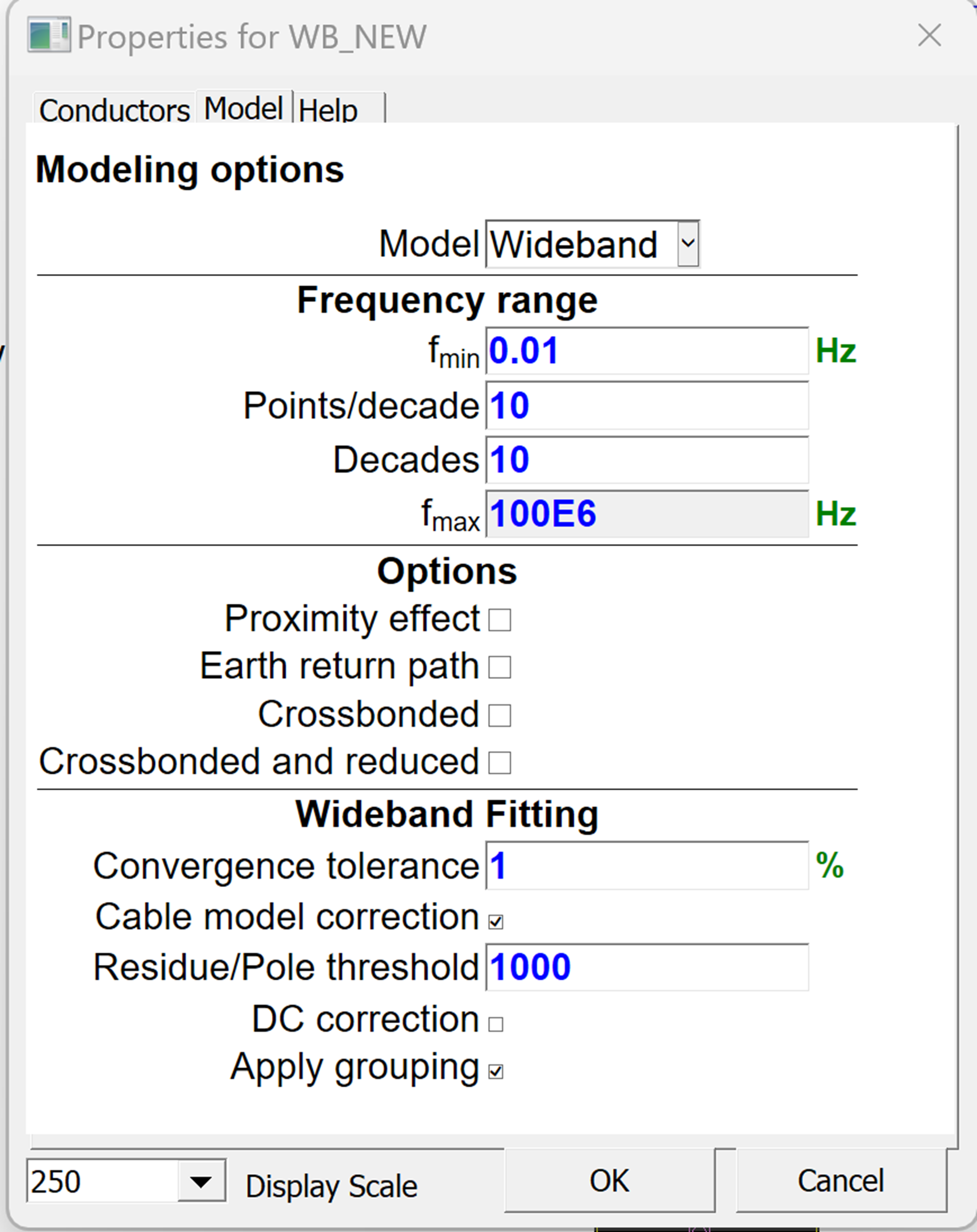 Cable Line Properties - Modeling Options popup Cable Line Properties - Modeling Options popup