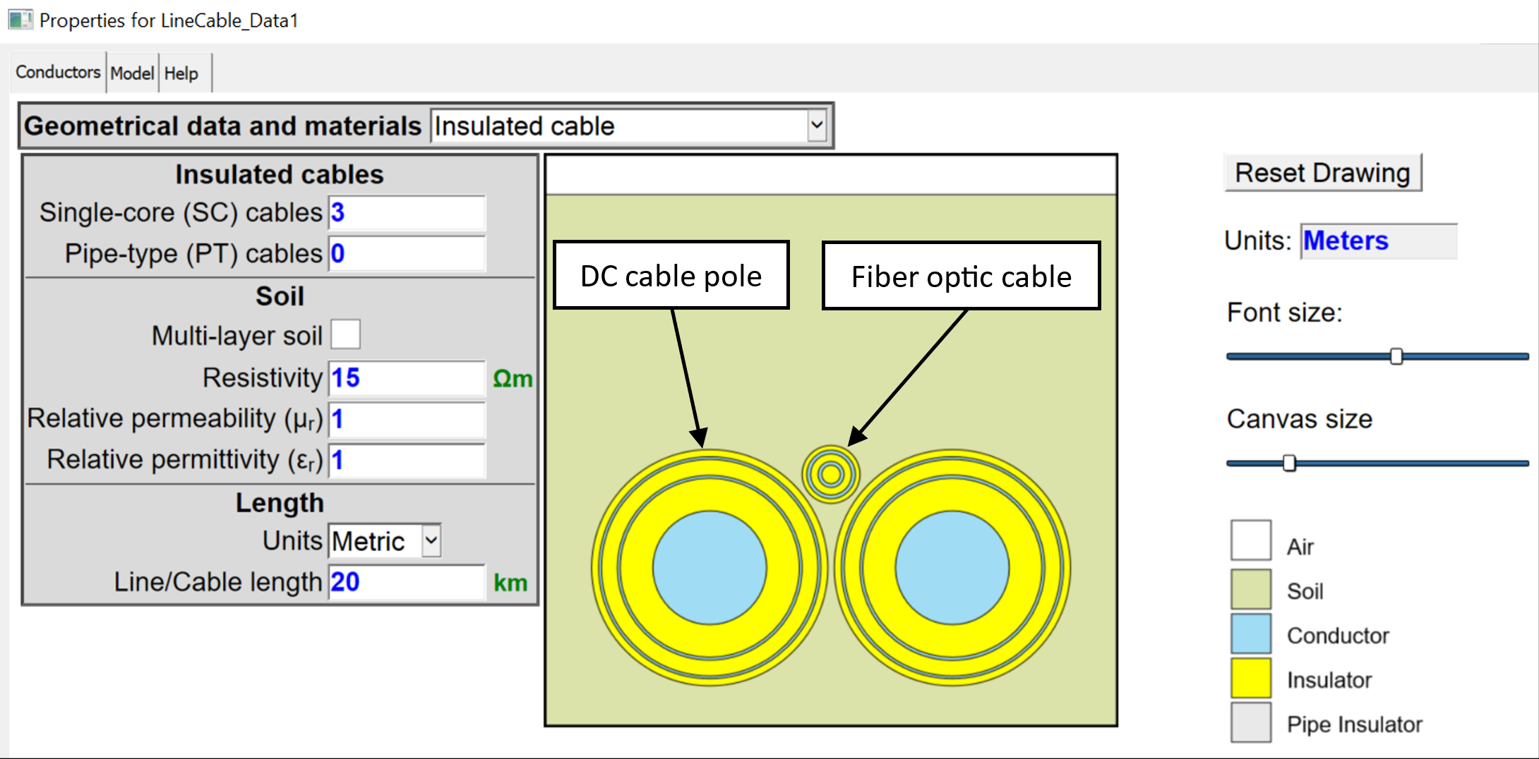 Illustration of the cross-section HVDC cable layout modeled in EMTP