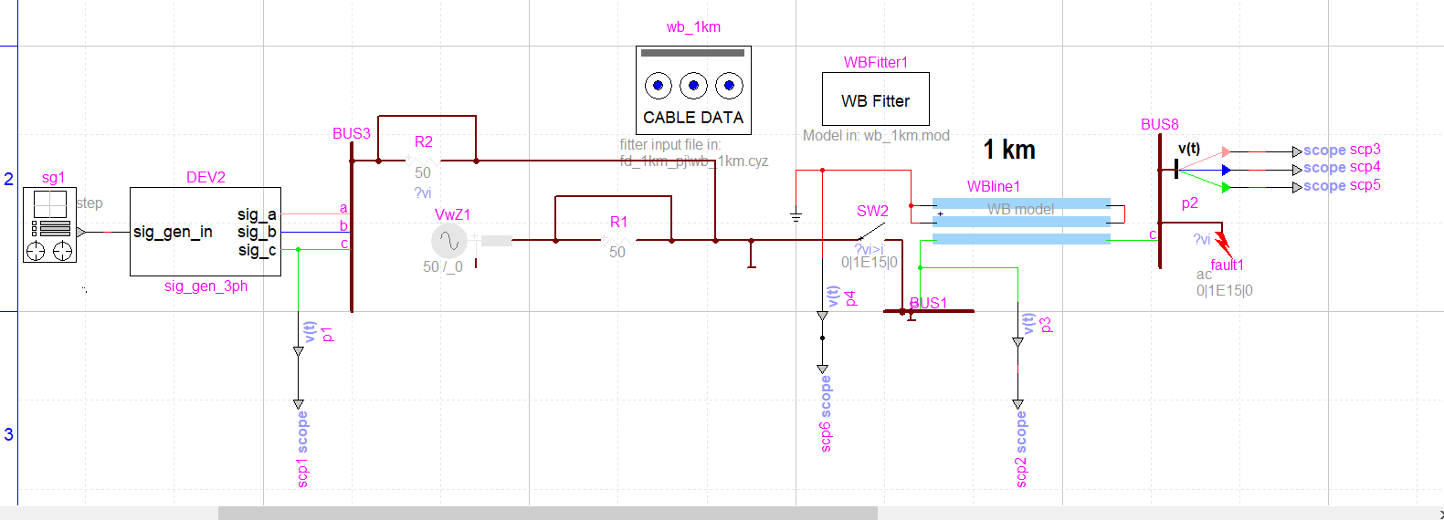 Circuit showing wb cable attatched to signal source and fault