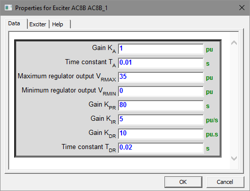 EMTP® software popup User interface of the AC8B Exciter
